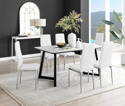 B&Q -  Uk Carson White Marble Effect Dining Table & 6 White Milan Chrome Leg Chairs