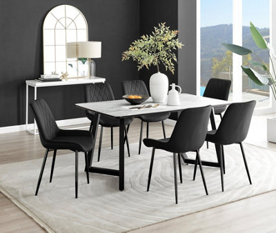 B&Q -  Carson 6 Seater White Marble Effect Rectangular Scratch Resistant Dining Table With 6 Black Pesaro Velvet Black Leg Chairs