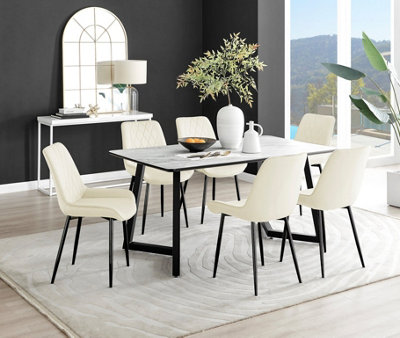 B&Q -  Carson 6 Seater White Marble Effect Rectangular Scratch Resistant Dining Table With 6 Cream Pesaro Velvet Black Leg Chairs