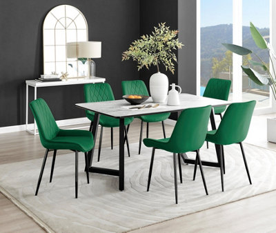 B&Q -  Carson 6 Seater White Marble Effect Rectangular Scratch Resistant Dining Table With 6 Green Pesaro Velvet Black Leg Chairs