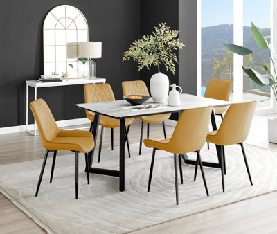 B&Q -  Carson 6 Seater White Marble Effect Rectangular Scratch Resistant Dining Table With 6 Mustard Pesaro Velvet Black Leg Chairs