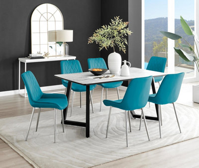 Furniturebox Uk Carson White Marble Effect Dining Table & 6 Blue Pesaro Silver Chairs from B&Q