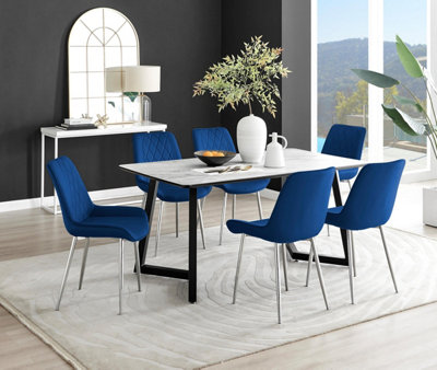 Furniturebox Uk Carson White Marble Effect Dining Table & 6 Navy Pesaro Silver Chairs from B&Q