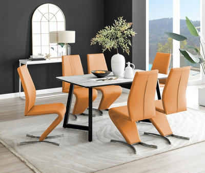Furniturebox Uk Carson Marble Effect Dining Table & 6 Mustard Willow Chairs White