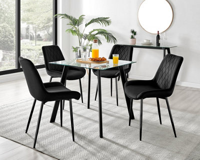 Furniturebox Seattle Scandi Inspired Glass And Black Metal Leg Square Dining Table & 4 Black Pesaro Velvet Black Leg Chairs from B&Q
