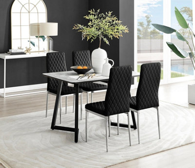 Furniturebox Uk Carson Marble Effect Dining Table & 4 Velvet Milan Chairs White/Black