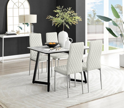 Furniturebox Uk Carson Marble Effect Dining Table & 4 Velvet Milan Chairs White/Cream