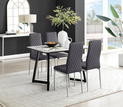Furniturebox Uk Carson Marble Effect Dining Table & 4 Velvet Milan Chairs White/Grey