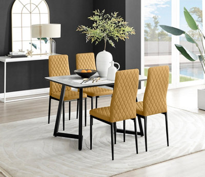 Furniturebox Uk Carson Marble Effect Dining Table & 4 Mustard Velvet Milan Leg Chairs White/Black