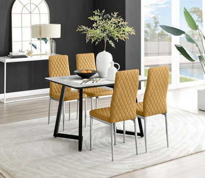 Furniturebox Uk Carson Marble Effect Dining Table & 4 Mustard Velvet Milan Chairs White