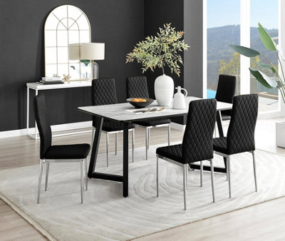 Furniturebox Uk Carson Marble Effect Dining Table & 6 Velvet Milan Chairs White/Black