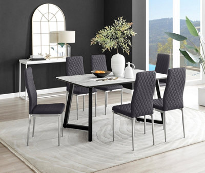 Furniturebox Uk Carson Marble Effect Dining Table & 6 Velvet Milan Chairs White/Grey
