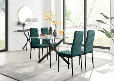 Furniturebox Uk Leonardo Black Leg Glass Dining Table & 4 Green Velvet Milan Black Leg Chairs from B&Q