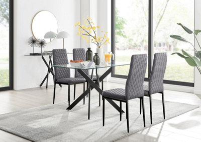 Furniturebox Uk Leonardo Black Leg Glass Dining Table & 4 Grey Velvet Milan Black Leg Chairs from B&Q