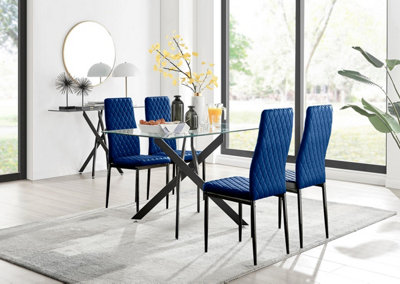 Furniturebox Uk Leonardo Black Leg Glass Dining Table & 4 Navy Velvet Milan Black Leg Chairs from B&Q