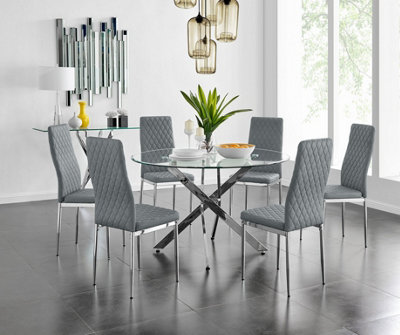 Furniturebox Grey Uk Novara Round Dining Table And 6 Velvet Milan Chairs 120Cm