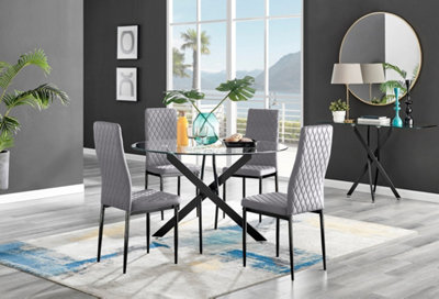Furniturebox Uk Novara Black Leg 120Cm Round Glass Dining Table & 4 Grey Velvet Milan Black Leg Chairs from B&Q