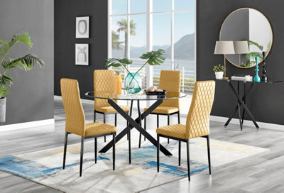 Furniturebox Uk Novara Black Leg 120Cm Round Glass Dining Table & 4 Mustard Velvet Milan Black Leg Chairs from B&Q