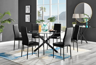 Furniturebox Uk Novara Black Leg 120Cm Round Glass Dining Table & 6 Black Velvet Milan Black Leg Chairs from B&Q