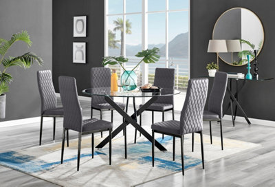 Furniturebox Uk Novara Black Leg 120Cm Round Glass Dining Table & 6 Grey Velvet Milan Black Leg Chairs from B&Q