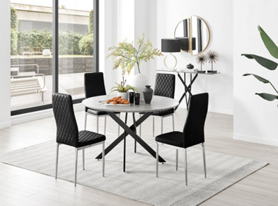 Furniturebox Grey/Black Uk Novara Concrete Effect Leg Round Dining Table & 4 Velvet Milan Chairs 120Cm