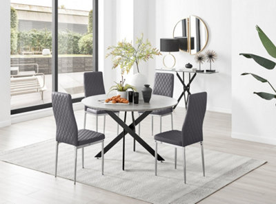 Furniturebox Grey/Black Uk Novara Concrete Effect Leg Round Dining Table & 4 Velvet Milan Chairs 120Cm