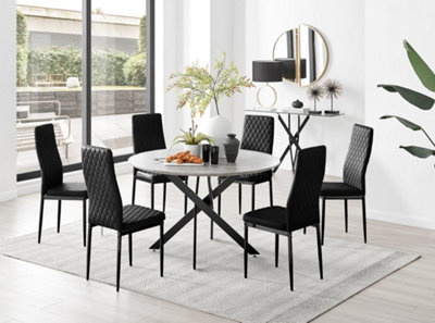 B&Q -  Uk Novara Grey Concrete Effect Black Leg 120Cm Round Dining Table & 6 Black Velvet Milan Black Leg Chairs