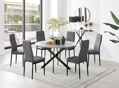 Furniturebox Uk Novara Concrete Effect Leg 120Cm Round Dining Table & 6 Velvet Milan Leg Chairs Grey/Black