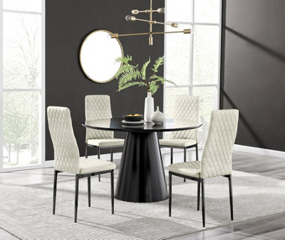 Furniturebox Uk Palma Black Semi-Gloss Round Pedestal Dining Table & 4 Cream Velvet Milan Black Leg Chairs Black/Cream