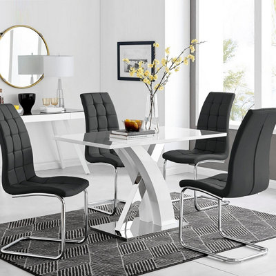Furniturebox White/Black Uk Atlanta High Gloss And Chrome Metal Rectangle Dining Table And Murano Dining Chairs Set Size 4