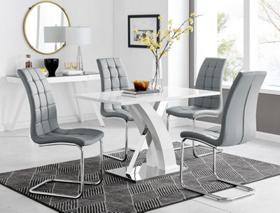 Furniturebox White/Grey Uk Atlanta High Gloss And Chrome Metal Rectangle Dining Table And Elephant Murano Dining Chairs Set Size 4