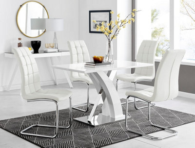 Furniturebox White Uk Atlanta High Gloss And Chrome Metal Rectangle Dining Table And Murano Dining Chairs Set Size 4