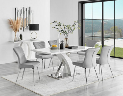 B&Q -  Uk Atlanta 6 White Dining Table And 6 Light Grey Nora Silver Leg Chairs
