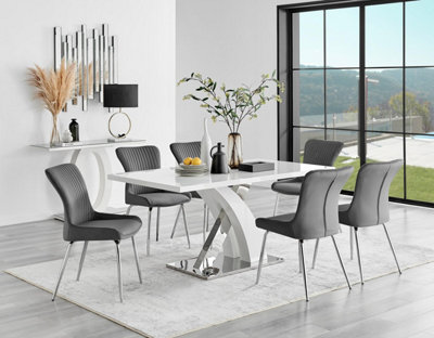 B&Q -  Uk Atlanta 6 White Dining Table And 6 Dark Grey Nora Silver Leg Chairs