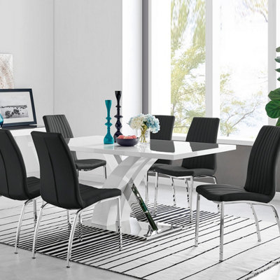 Furniturebox Uk Atlanta Modern Rectangle Chrome Metal High Gloss White Dining Table And 6 Black Isco Chairs Set from B&Q