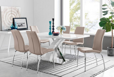 Furniturebox Uk Atlanta Modern Rectangle Chrome Metal High Gloss White Dining Table And 6 Cappuccino Beige Isco Chairs Set from B&Q