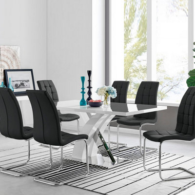 B&Q -  Uk Atlanta Modern Rectangle Chrome Metal High Gloss White Dining Table And 6 Black Murano Chairs Set