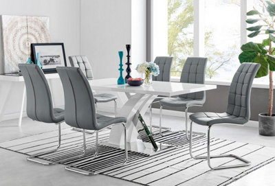 B&Q -  Uk Atlanta Modern Rectangle Chrome Metal High Gloss White Dining Table And 6 Elephant Grey Murano Chairs Set