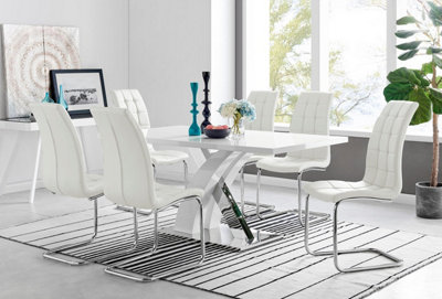 B&Q -  Uk Atlanta Modern Rectangle Chrome Metal High Gloss White Dining Table And 6 White Murano Chairs Set
