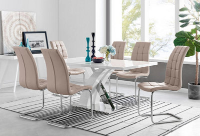 Furniturebox White/Beige Uk Atlanta Modern Rectangle Chrome Metal High Gloss Dining Table And Cappuccino Murano Chairs Set Size 6