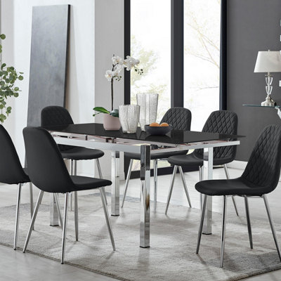 Furniturebox Black/Silver Uk Enna Glass Extending Dining Table And Corona Leg Chairs Size 6
