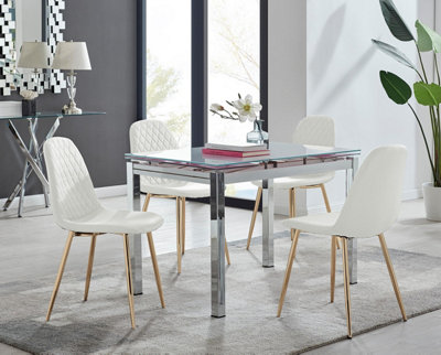Furniturebox White/Gold Uk Enna Glass Extending Dining Table And Corona Leg Chairs Size 4
