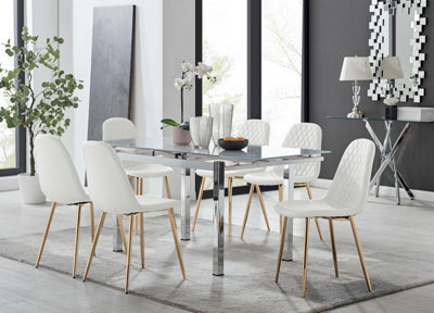 Furniturebox White/Gold Uk Enna Glass Extending Dining Table And Corona Leg Chairs Size 6