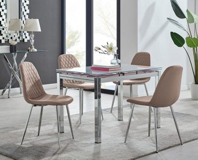 B&Q -  Uk Enna White Glass Extending Dining Table And 4 Cappuccino Corona Silver Leg Chairs