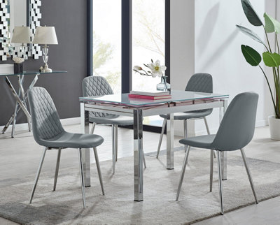 B&Q -  Uk Enna White Glass Extending Dining Table And 4 Grey Corona Silver Leg Chairs