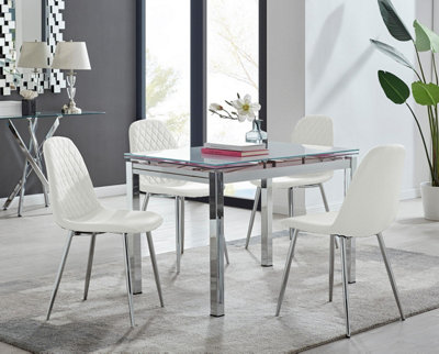 B&Q -  Uk Enna White Glass Extending Dining Table And 4 White Corona Silver Leg Chairs