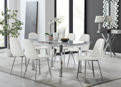 Furniturebox Uk 6 Seater Dining Set - Enna Glass & Chrome Extendable Dining Table & Chairs - 6 Leather Corona Chairs White