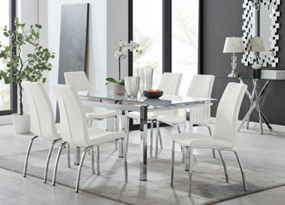 Furniturebox Uk 6 Seater Dining Set - Enna Glass & Chrome Extendable Dining Table & Chairs - 6 Leather Isco Chairs White