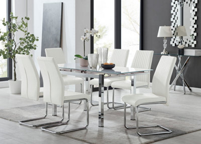 Furniturebox Uk 6 Seater Dining Set - Enna Glass & Chrome Extendable Dining Table & Chairs - 6 Leather Lorenzo Chairs White