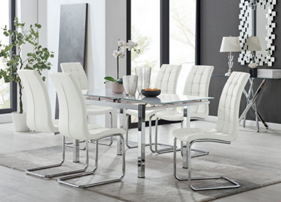 Furniturebox Uk 6 Seater Dining Set - Enna Glass & Chrome Extendable Dining Table & Chairs - 6 Leather Murano Chairs White
